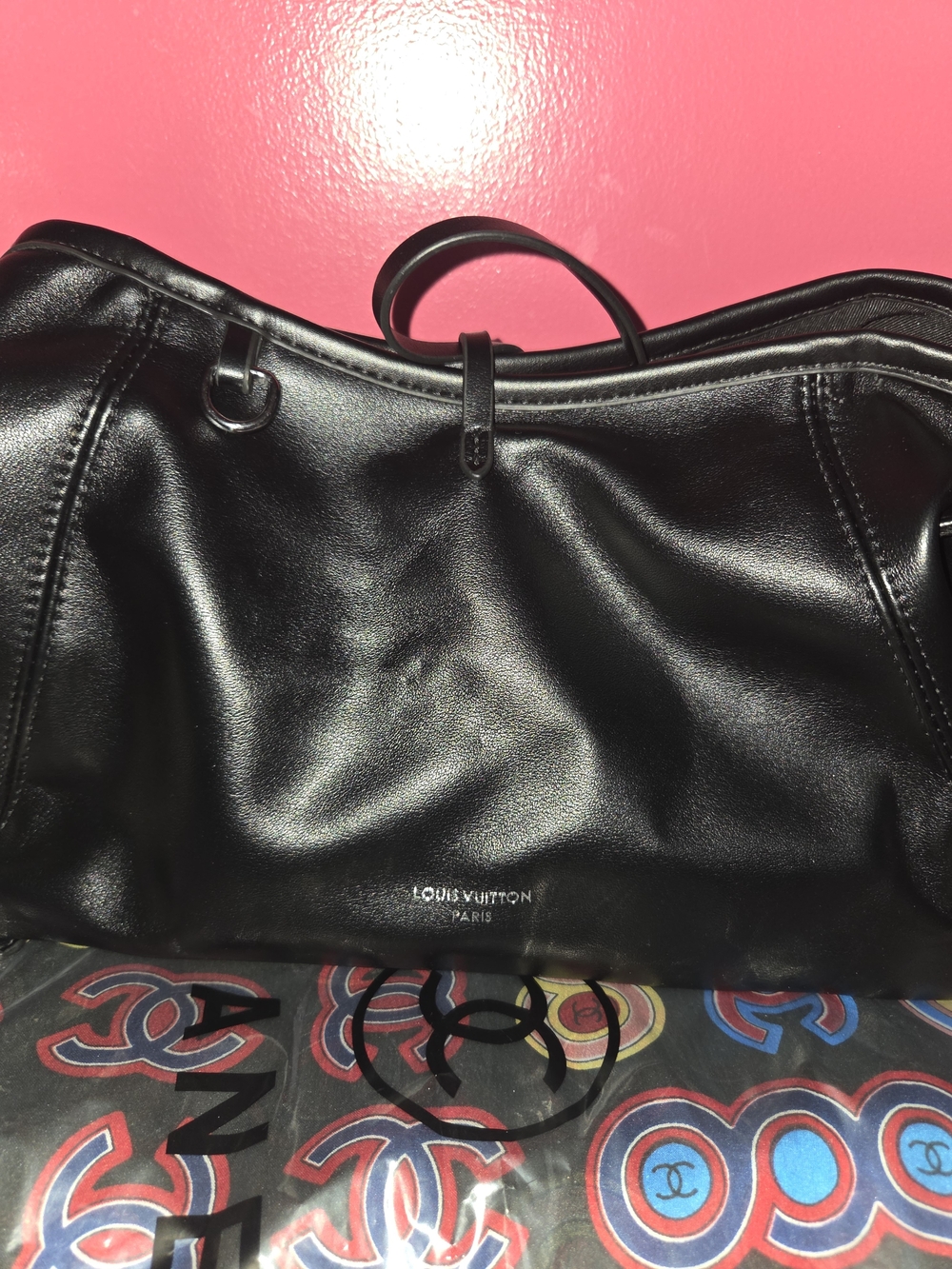 New Soft P/ Black Leather Shoulder Bag